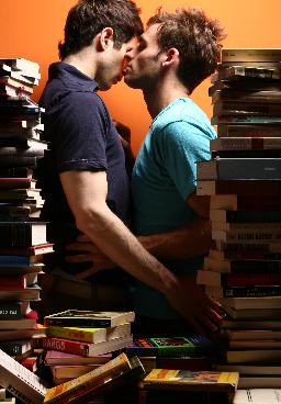 Two gay librarians with books